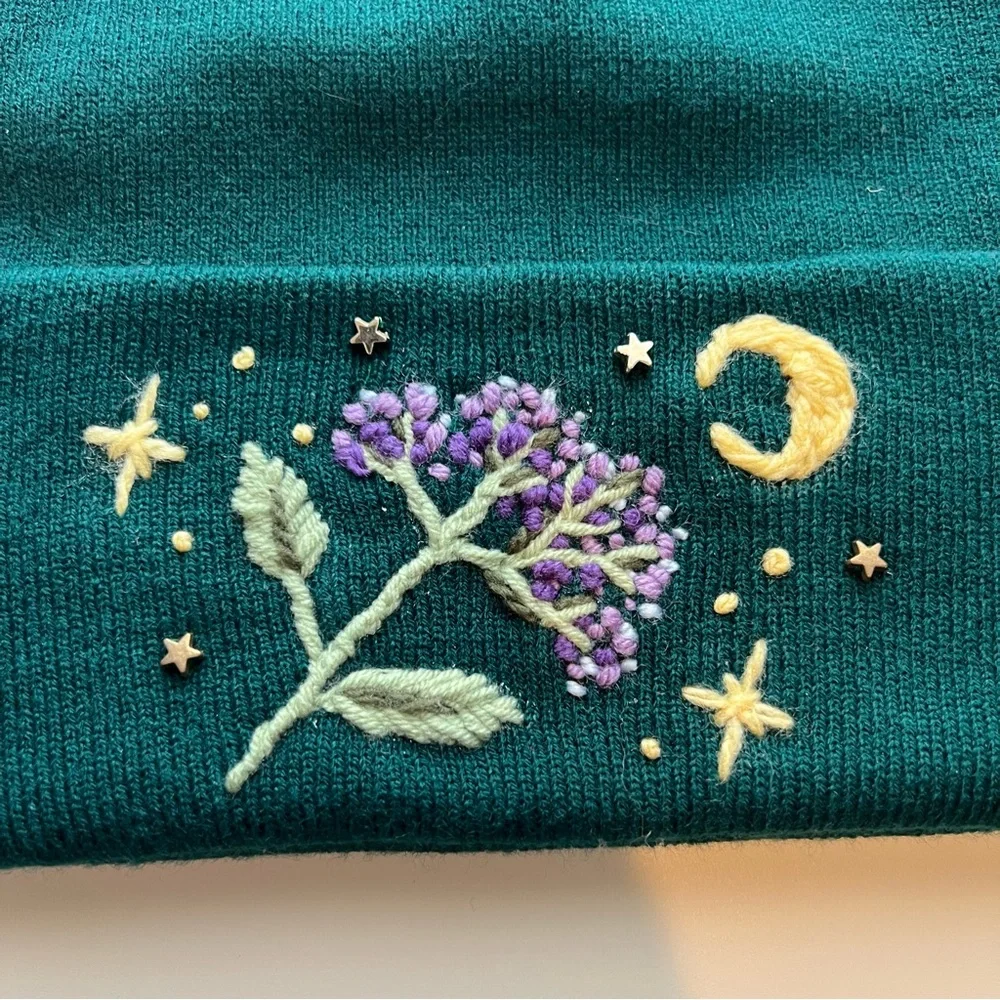 Floral Embroidered Beanie - Teal - Picture 2 of 3